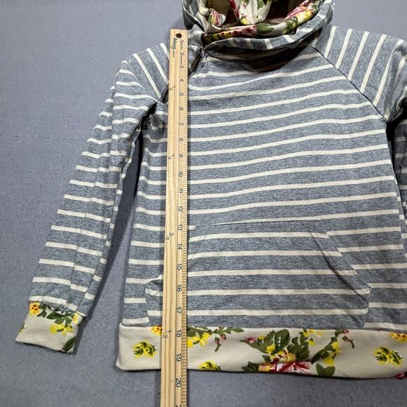 Ampersand Floral Striped Double Hood Zipper Detail Hoodie Medium Casual Comfy - Picture 6 of 7